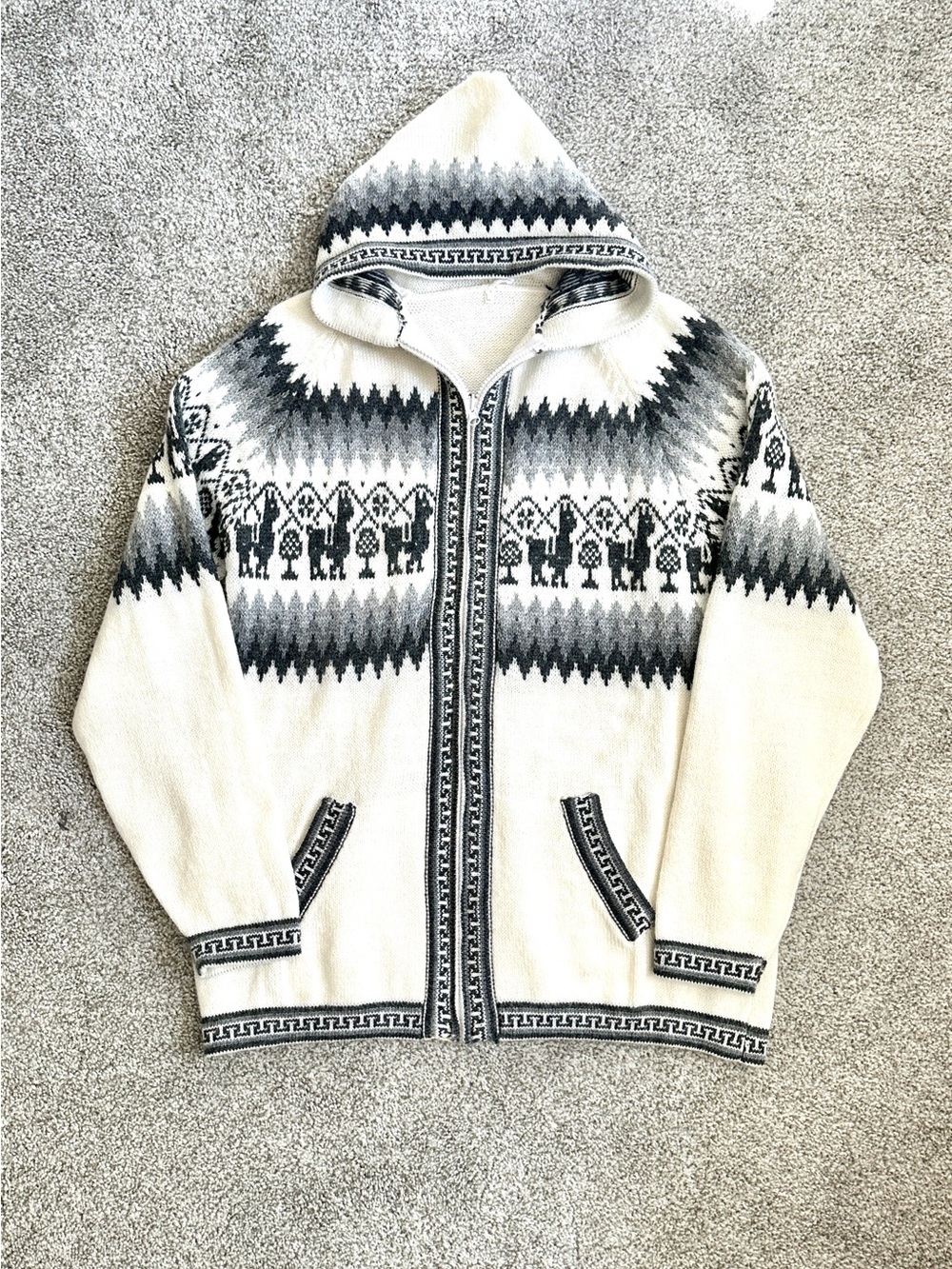 Vintage Hand-Knit Alpaca Wool Hooded Zip Cardigan Llama Fair Isle Sz Large Boho